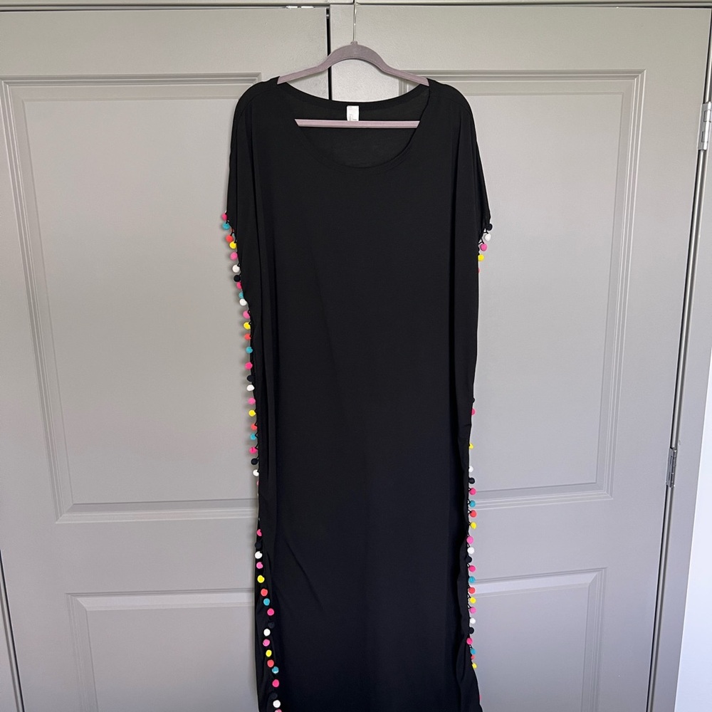 Black Dress with Colorful Pom-Pom Accents